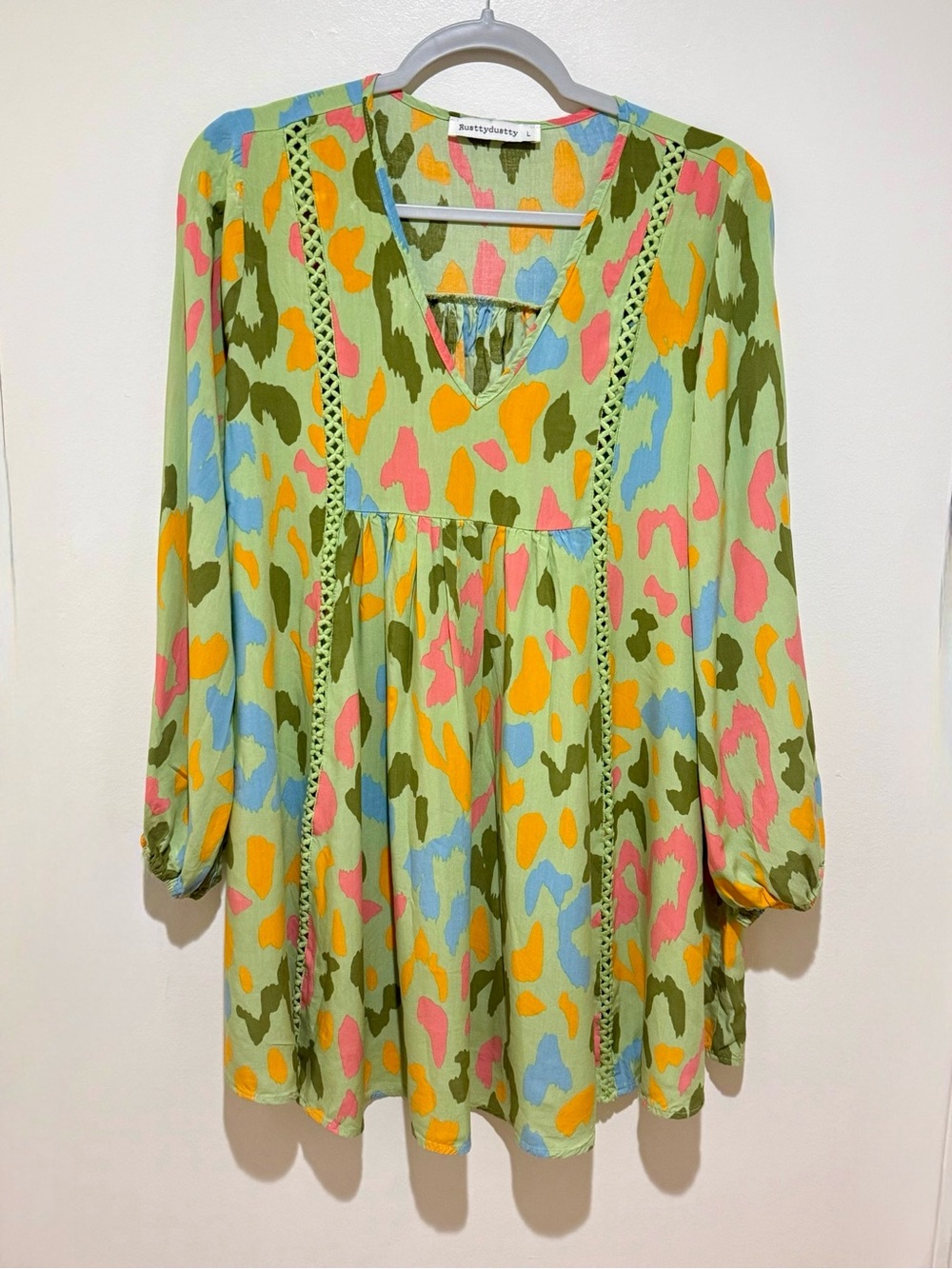 Printed V-Neck Dress/Tunic in Mint with Multicolor Spots
